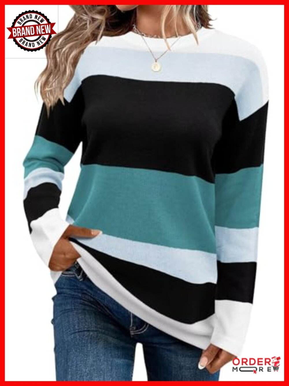 Womens Striped Knit Sweater Crew Neck Long Sleeve Pullover Top